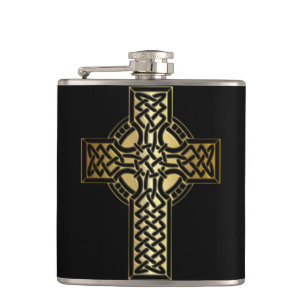 Celtic Knot Cross in Gold and Black Hip Flask