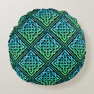 Celtic Knot - Diamond Blue Green Round Cushion
