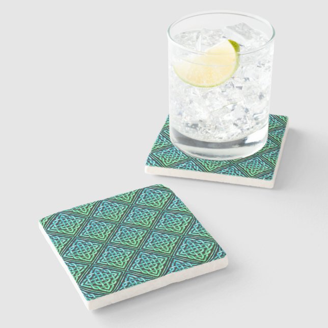Celtic Knot - Diamond Tile Blue Green Stone Coaster (Side)