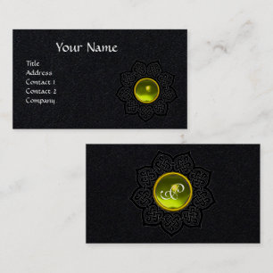 CELTIC KNOT FLOWER YELLOW GEMSTONE MONOGRAM Black Business Card
