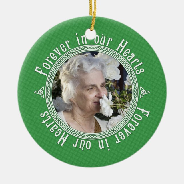 Celtic Knot Green Irish Memorial Photo Christmas Ceramic Ornament (Front)