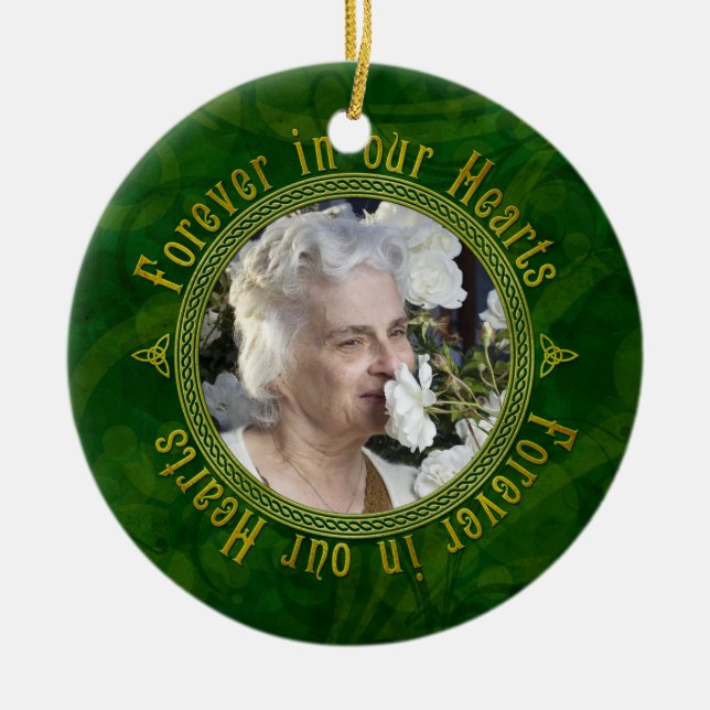 Celtic Knot Green Memorial Photo Christmas Ceramic Ornament (Front)