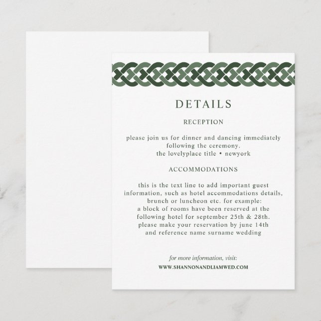 Celtic Knot | Green Wedding Information Guest Enclosure Card (Front/Back)