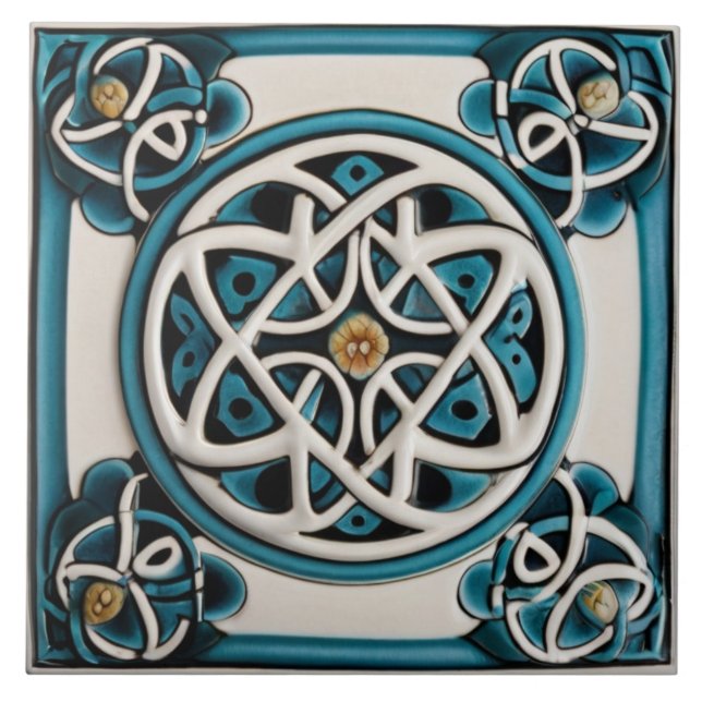 Celtic Knot Inspired Turquoise and White Ceramic Tile (Front)
