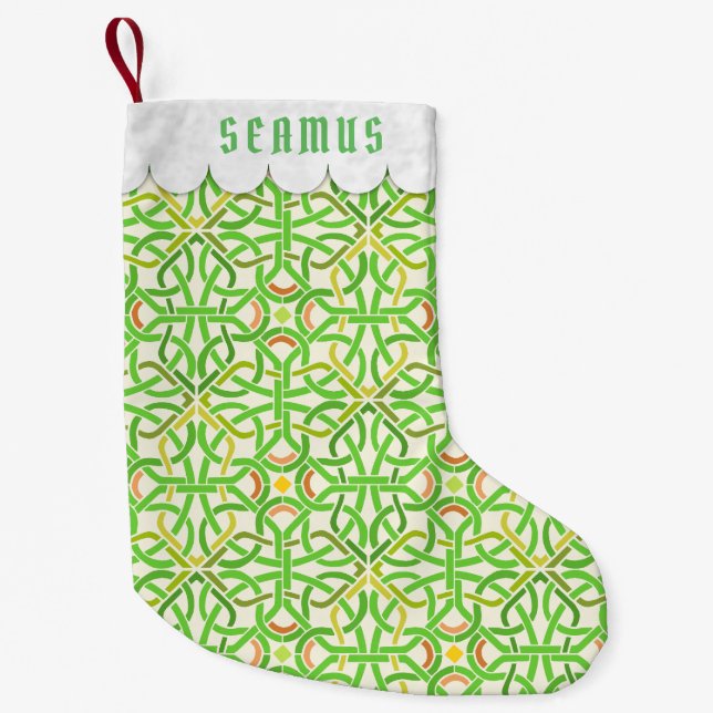 Celtic Knot Irish Braid Pattern Green Personalised Small Christmas Stocking (Front)