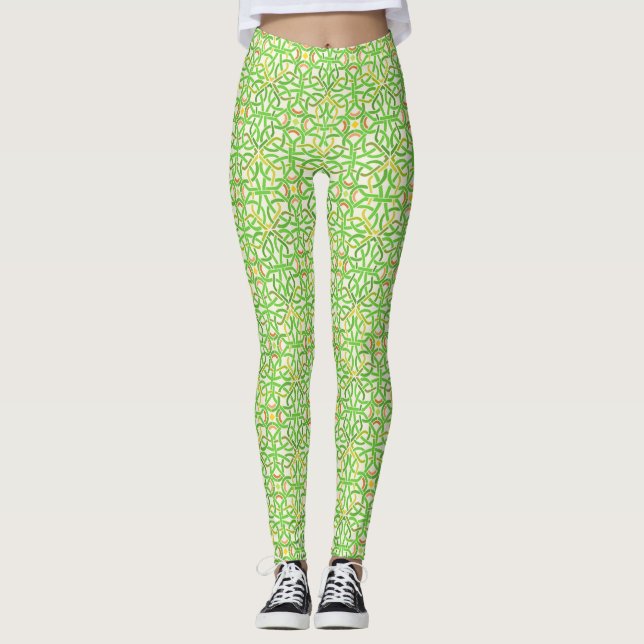 Celtic Knot Irish Braid Pretty Green Cream Pattern Leggings (Front)