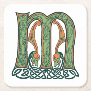 Celtic Knot Letter M, Irish Design Square Paper Coaster