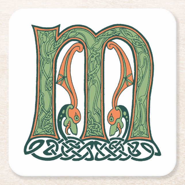 Celtic Knot Letter M, Irish Design Square Paper Coaster (Front)