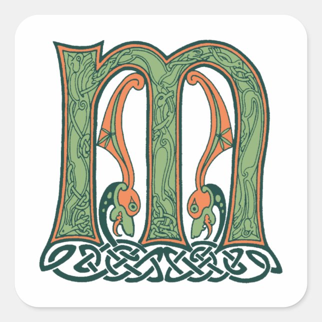 Celtic Knot Letter M, Irish Design Square Sticker (Front)