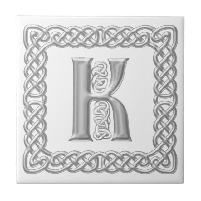 Celtic Knot Monogram Silver Effect Letter K Tile (Front)