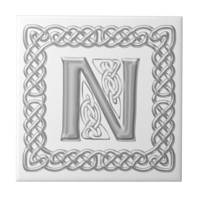 Celtic Knot Monogram Silver Effect Letter N Tile (Front)