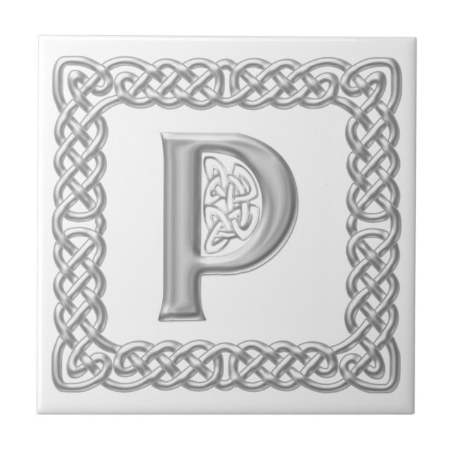 Celtic Knot Monogram Silver Effect Letter P Tile (Front)