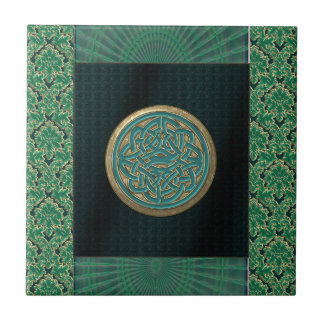 Celtic Knot on Black and Green Brocade Pattern Ceramic Tile