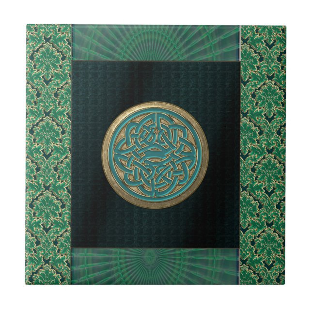 Celtic Knot on Black and Green Brocade Pattern Ceramic Tile (Front)
