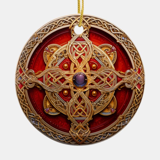 Celtic Knot Red Gold Knotwork Ceramic Ornament (Front)
