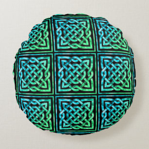 Celtic Knot - Square Blue Green Round Cushion