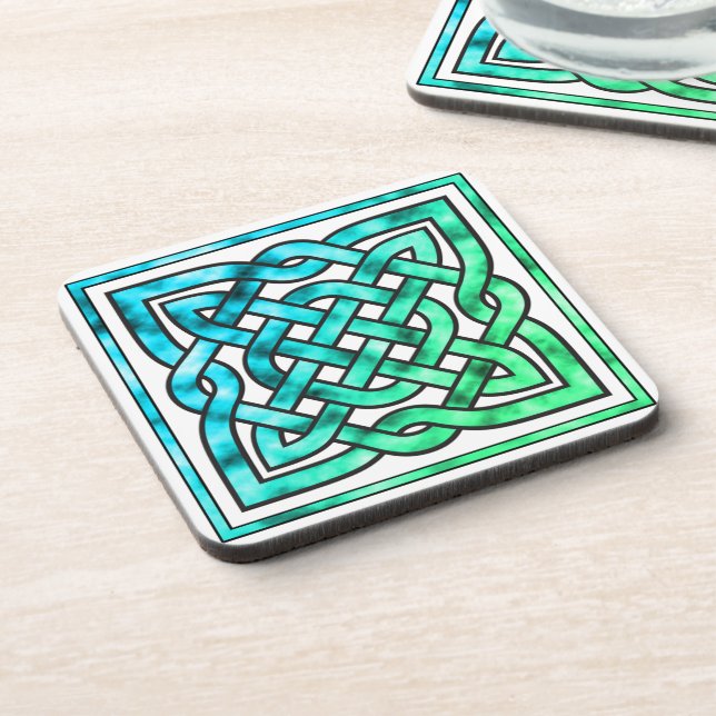 Celtic Knot - Square Blue Green White Coaster (Left Side)