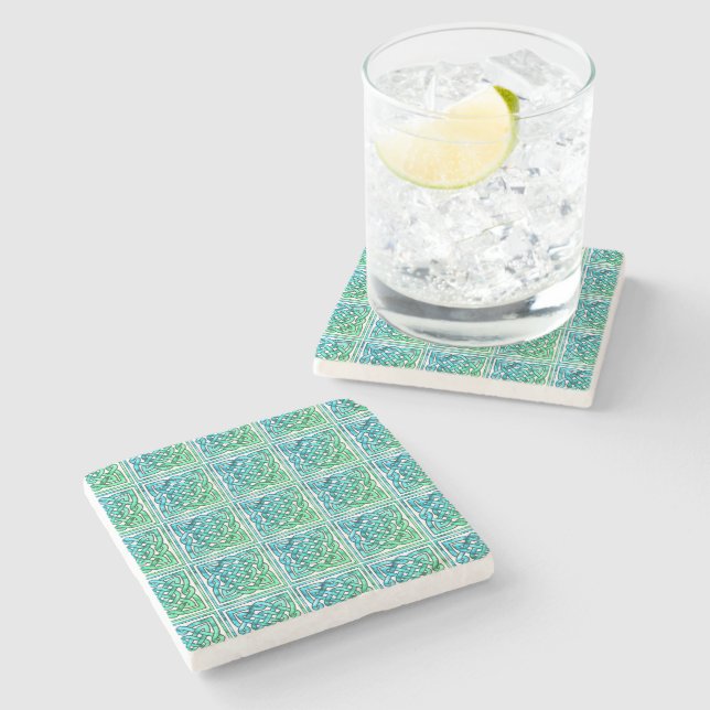 Celtic Knot - Square Tile Blue Green Stone Coaster (Side)