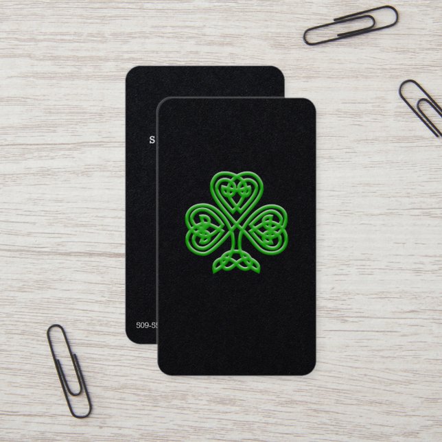 Celtic Knot Style Green Shamrock St. Patrick's Day Business Card (Front/Back In Situ)