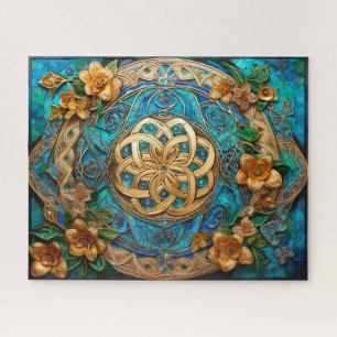 Celtic Knot Teal Blue Gold Flowers Knotwork Jigsaw Puzzle