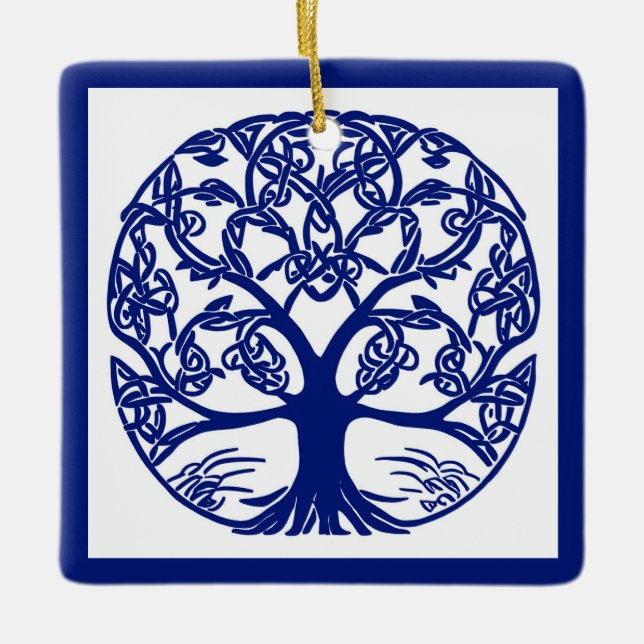Celtic Knot Tree of Life Blue on White Ceramic Ornament (Front)