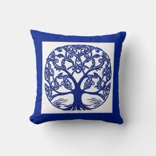 Celtic Knot Tree of Life Blue on White Cushion