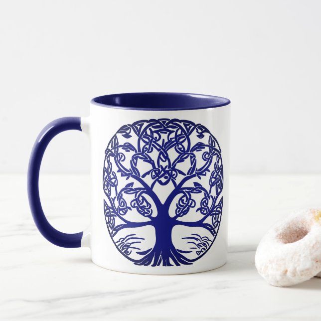 Celtic Knot Tree of Life Blue on White Mug (With Donut)