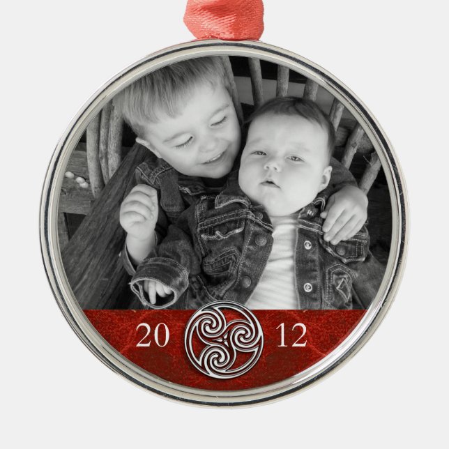 Celtic Knot Triskelion Red Christmas Photo Ornam Metal Ornament (Front)
