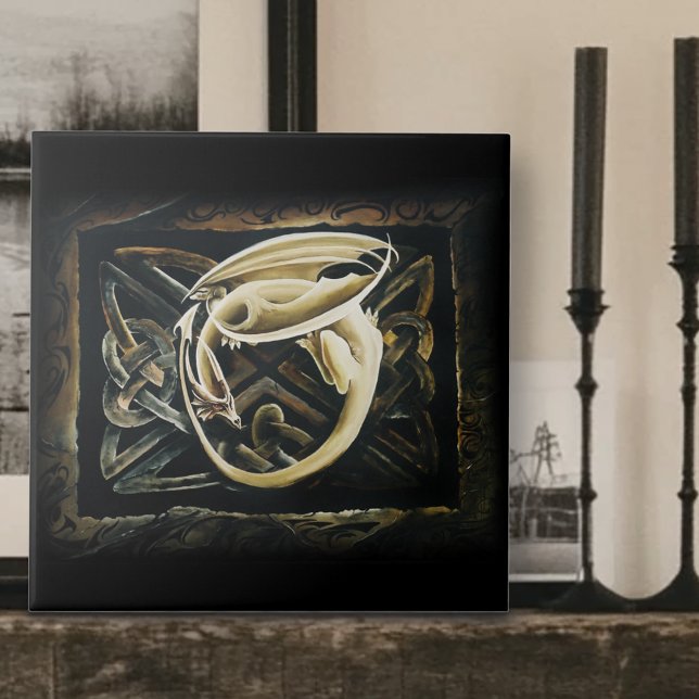 Celtic Knot Work Cream Dragon Ceramic Tile (Creator Uploaded)