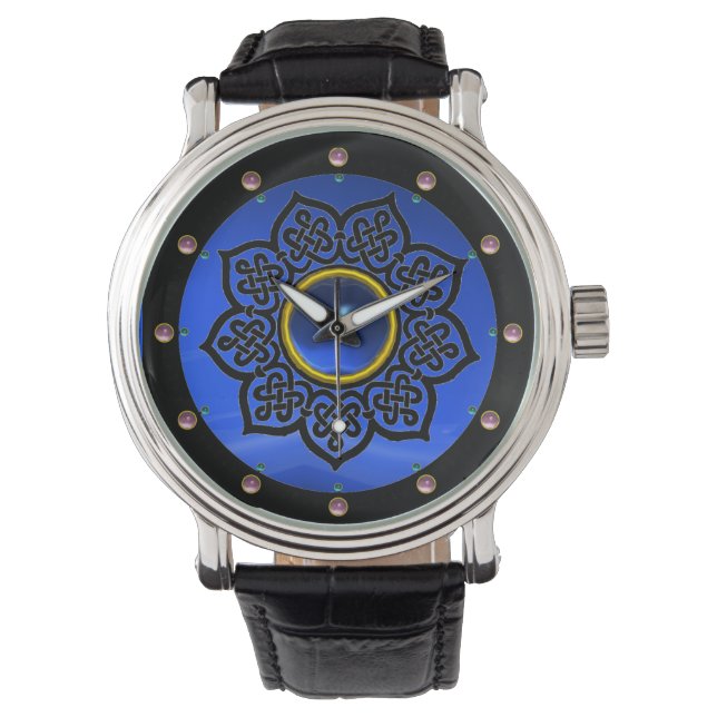 CELTIC KNOTS FLOWER BLUE SAPPHIRE GEM STONES WATCH (Front)