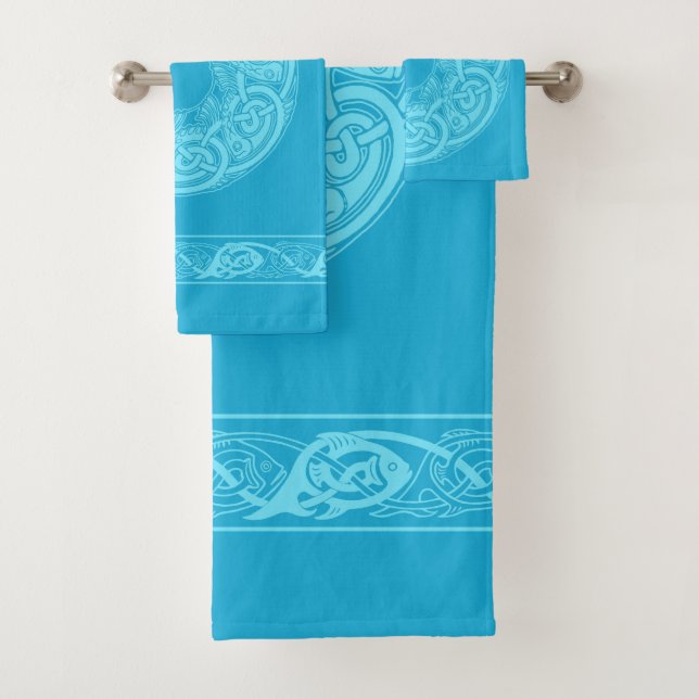 Celtic Knotwork Fish in Blue Bath Towel Set (Insitu)