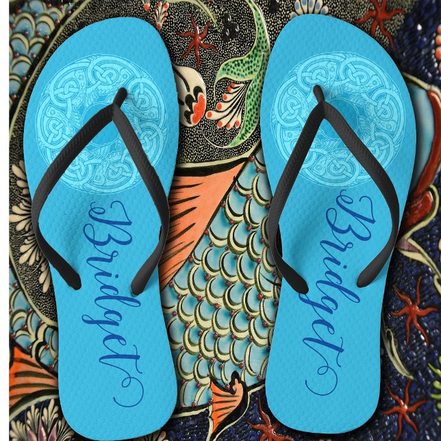 Celtic Knotwork Fish in Blue Personalised  Thongs (Celtic Fish in Blue Personalized FlipFlips)