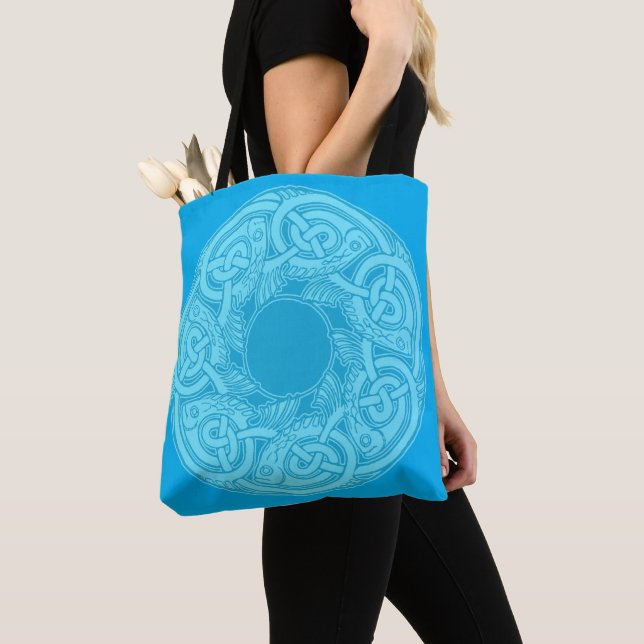 Celtic Knotwork Fish in Blue Tote Bag (Close Up)