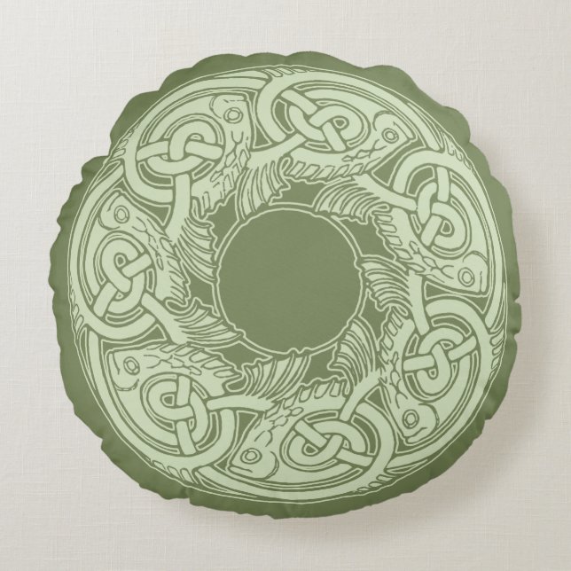 Celtic Knotwork Fish in Green Round Cushion (Front)