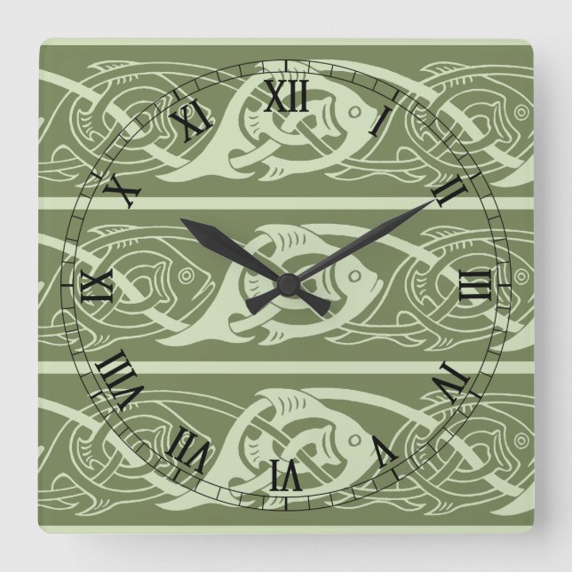 Celtic Knotwork Fish in Green Square Wall Clock (Front)