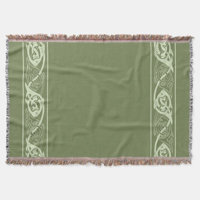 Celtic Knotwork Fish in Green Throw Blanket (Front)