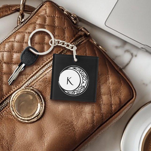 Celtic Knotwork Moon Circle Monogram Black White Key Ring (Creator Uploaded)