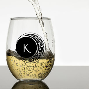 Celtic Knotwork Moon Circle Monogram Black White Stemless Wine Glass