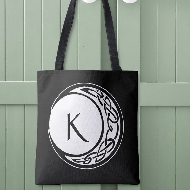 Celtic Knotwork Moon Circle Monogram Black White Tote Bag (Creator Uploaded)