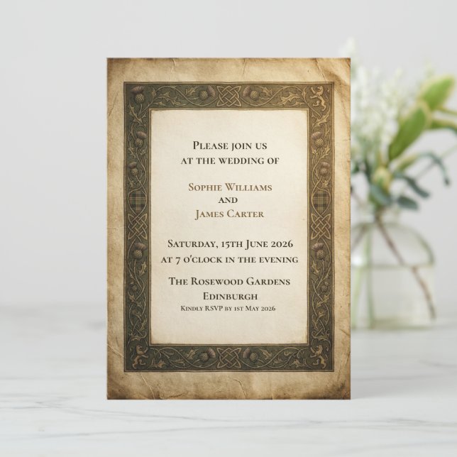 Celtic Knotwork Parchment Wedding Invitation | Vin (Standing Front)