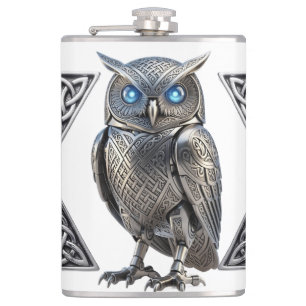 Celtic Mechanical Owl Silver Steampunk Hip Flask