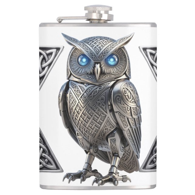 Celtic Mechanical Owl Silver Steampunk Hip Flask (Front)