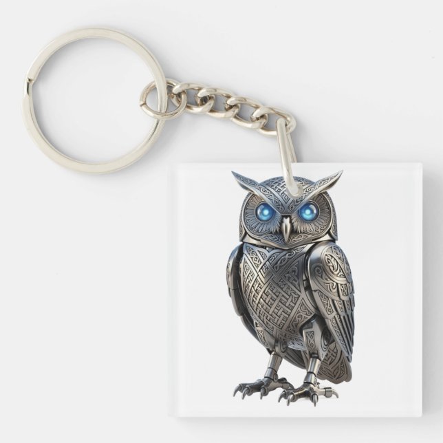 Celtic Mechanical Owl Silver Steampunk Key Ring (Front)