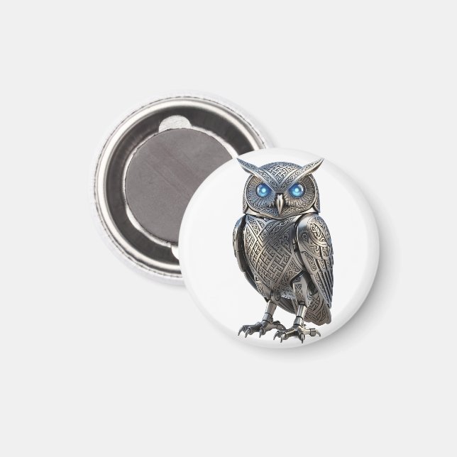 Celtic Mechanical Owl Silver Steampunk Magnet (Front/Back)