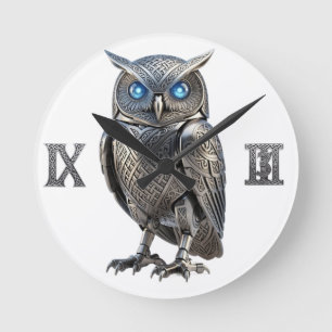 Celtic Mechanical Owl Silver Steampunk Round Clock