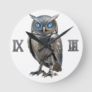 Celtic Mechanical Owl Silver Steampunk Round Clock