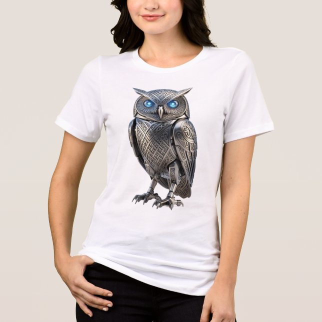 Celtic Mechanical Owl Silver Steampunk Tri-Blend Shirt (Front)