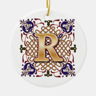 Celtic Monogram Letter R Ceramic Tree Decoration