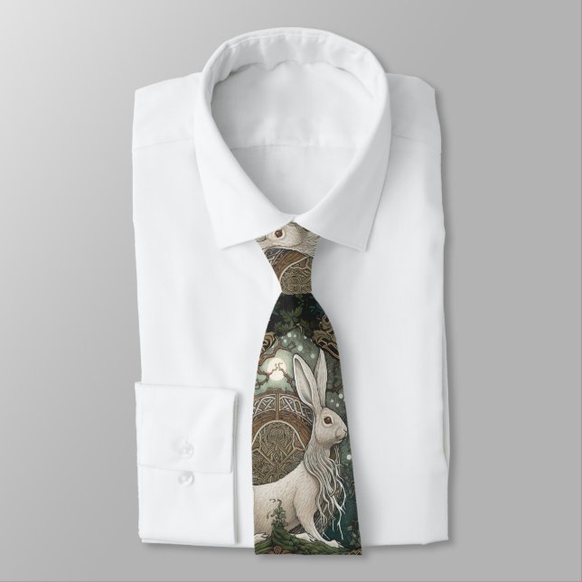 Celtic Moonlit Hare Tie, Green Celestial Design Tie (Tied)
