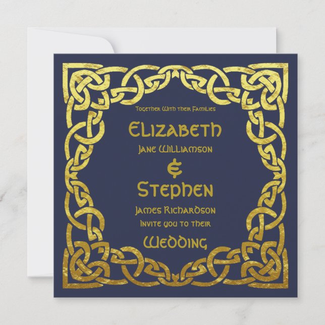 Celtic Navy Blue | Faux Gold Celtic Knot Wedding Invitation (Front)